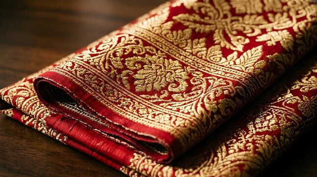 Elegant traditional red and gold fabric with hand-stitched selendang batik edges used near a musical instrument