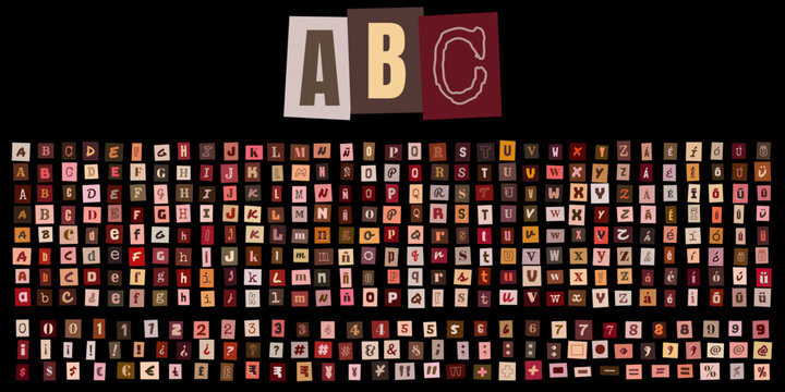 ABC letras estilo nota de rescate, alfabeto recortado de revistas para diseno grafico, tipografia creativa para carteles y collages
