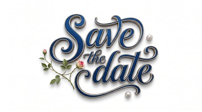 Elegant Save the Date text with delicate pink rose and pearls on white background for wedding invitations
