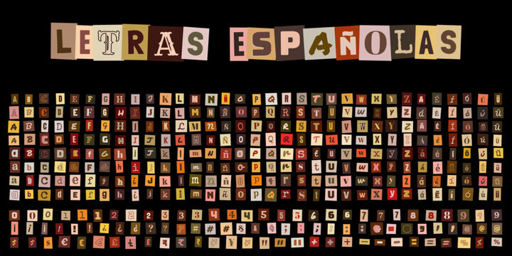 Letras Espa&ntilde;olas, abecedario estilo nota de rescate, letras recortadas de revistas para dise&ntilde;o tipogr&aacute;fico creativo y collage digital