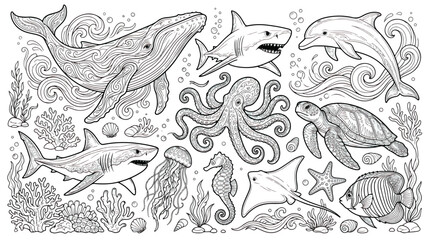 Detailed sea life coloring page vector, underwater animal illustrations with whale and sharks, marine creature line art for educational activity books © Ch