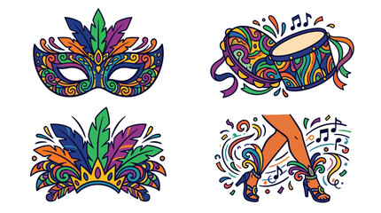 Fototapeta premium Colorful carnival masks and festive musical elements are shown here