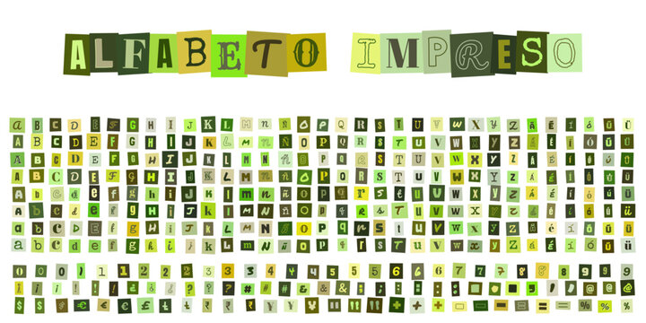 ALFABETO IMPRESO, letras y numeros estilo collage de recortes de revista para diseno grafico creativo y composicion tipografica