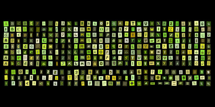 Alfabeto de letras estilo nota de rescate en tonos verdes, conjunto de caracteres tipograficos para diseno grafico y collage