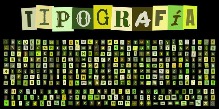 TIPOGRAFIA alfabeto estilo collage de recortes de revista letras verdes para diseno grafico creativo y composiciones tipograficas modernas