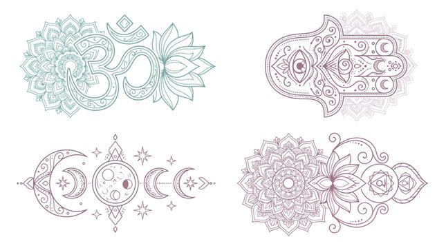 Set of decorative spiritual symbols and ornate mystical patterns