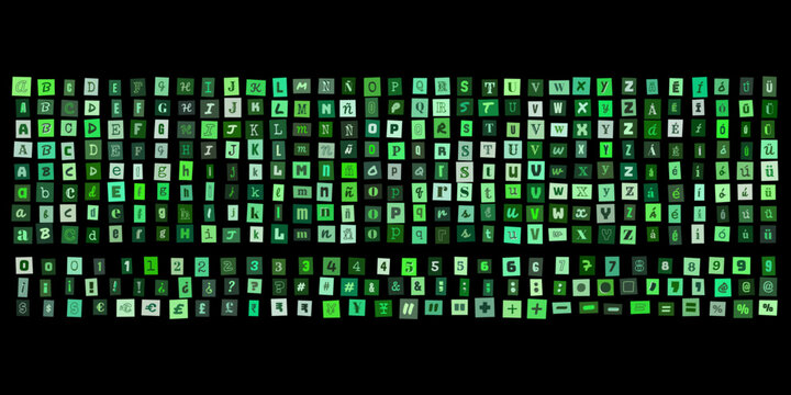 Alfabeto digital verde estilo codigo matriz, conjunto de letras y numeros retro para diseno de interfaz, tecnologia y ciberseguridad