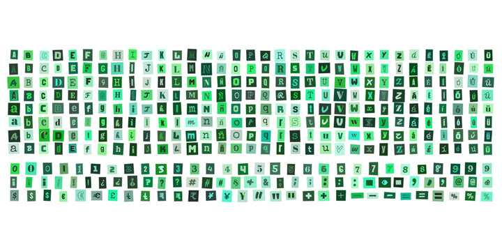 Alfabeto de letras verdes estilo recorte de revista, conjunto de caracteres tipograficos para diseno grafico creativo y collage digital