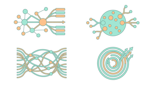 Abstract flow charts showing complex data connections and systems