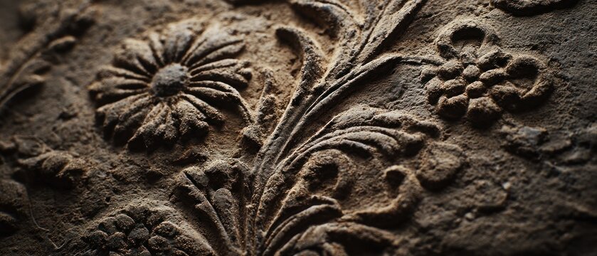Close up of floral relief pattern on ancient stone