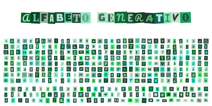 ALFABETO GENERATIVO, conjunto de letras recortadas estilo collage para dise&ntilde;o tipogr&aacute;fico creativo, elementos gr&aacute;ficos verdes para composici&oacute;n de texto