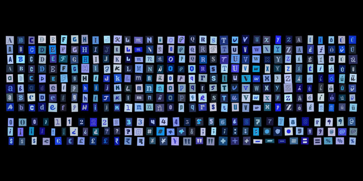 Letras y numeros recortados estilo collage para notas de rescate y diseno grafico creativo con tipografia variada sobre fondo negro