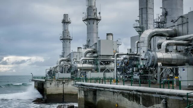 Medium shot of coastal air CCUS installation with robust carbon capture towers and compressors illustrating sustainable offgas treatment under maritime environmental conditions.