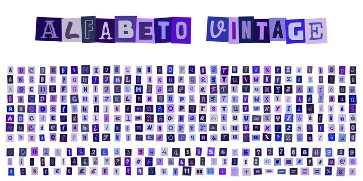 Alfabeto Vintage, letras estilo nota de rescate recortadas de revistas, conjunto de tipografia creativa para diseno grafico y collage