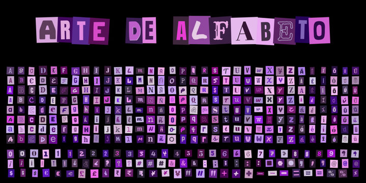 ARTE DE ALFABETO con letras estilo collage morado para diseno grafico creativo, tipografia recortada para carteles y proyectos digitales