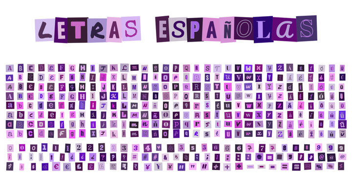 LETRAS ESPA&Ntilde;OLAS alfabeto estilo collage de recortes para diseno grafico creativo y composicion de mensajes tipograficos personalizados