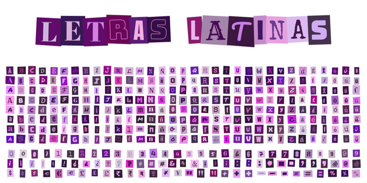 Letras Latinas, abecedario estilo collage de recortes de revista en tonos morados para diseno grafico, tipografia creativa y composicion de mensajes