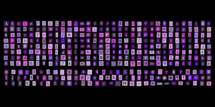 Alfabeto morado estilo collage de recortes de revista, letras y numeros para diseno grafico creativo y composiciones tipograficas personalizadas