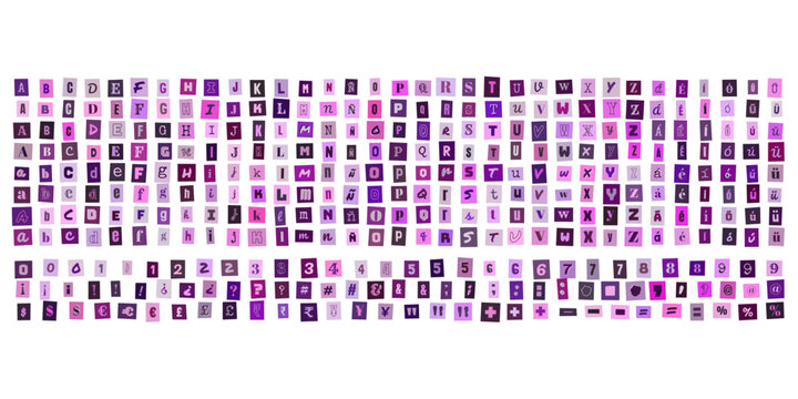 Alfabeto de letras recortadas estilo collage morado para diseno grafico creativo y composicion de mensajes tipograficos personalizados