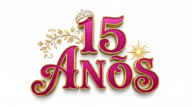 Elegant 15 Anos celebration text with a tiara and floral accents in pink and gold