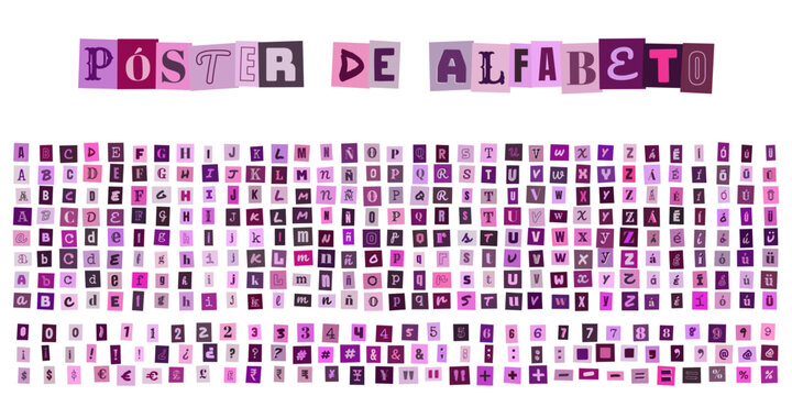 Poster de Alfabeto con letras estilo recorte de revista para diseno grafico creativo y composicion de mensajes personalizados