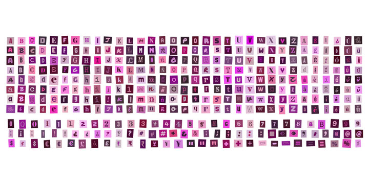 Alfabeto de letras recortadas estilo collage rosa y morado para diseno grafico creativo y composicion de mensajes personalizados