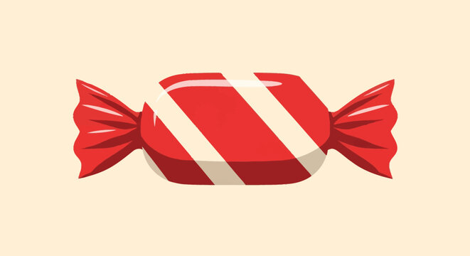 Vector illustration of a single wrapped hard candy with red and white diagonal stripes on the center body and solid red twisted ends, isolated on a light cream background.
