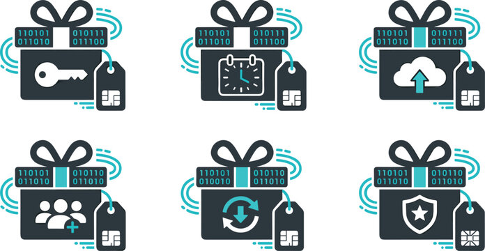 Digital Crypto Gift Card and Smart Voucher Icon Set Featuring Binary Code Encryption Keys Cloud Uploads Team Sharing and Secure Network Shield Symbols
