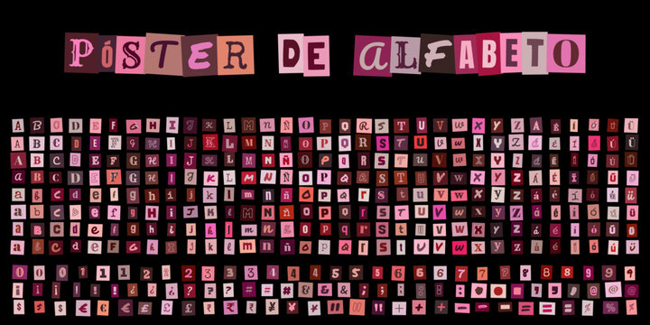 Poster de alfabeto con letras estilo nota de rescate, tipografia recortada para disenos creativos, collage de caracteres y simbolos