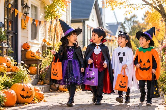 ハロウィンの仮装をした子供たちがお菓子袋を持って街を歩くトリックオアトリートのイメージ（AI生成）