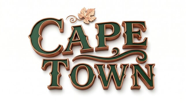 Elegant Cape Town text with copper trim and green inlay, featuring a decorative copper leaf and vine accent