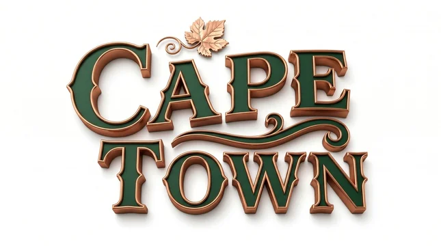 Elegant Cape Town text with copper trim and green inlay, featuring a decorative copper leaf and vine accent