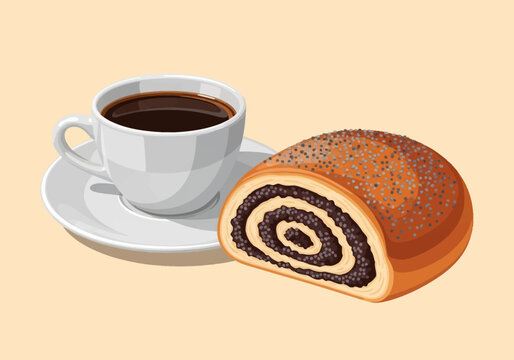 Vector illustration of a white ceramic cup of black coffee on a saucer placed next to a sliced sweet poppy seed roll cake pastry, isolated on a plain light beige background.