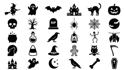 Fototapeta premium Black silhouette Halloween vector collection featuring spooky elements like skulls, witches, haunted houses, and creepy creatures for party decor