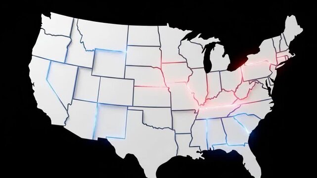 3D United States map featuring glowing red and blue state borders for 4th July patriotic celebrations and digital data visualization concepts