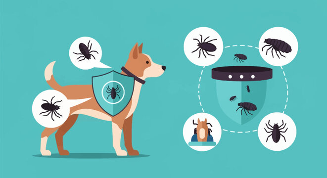 Flat vector infographic of a dog with a protective shield against parasites, including detailed icons of fleas and ticks for veterinary health education and pest prevention.