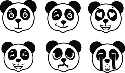 Set of cute panda face emoticons showing different emotions in black and white vector illustration © Amri Grafika