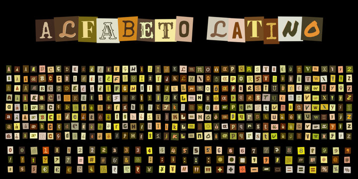 Alfabeto Latino, ensemble de lettres et chiffres style collage pour ransom note, typographie decoupee pour design graphique et affiche
