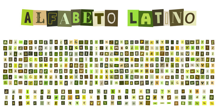 ALFABETO LATINO, alphabet de lettres decoupees style rancon, typographie collage pour design graphique, affiche et composition creative