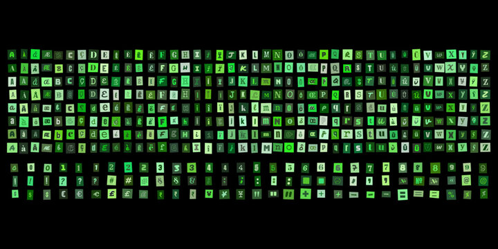 Alphabet matriciel vert style code informatique, caracteres numeriques et symboles pour design technologique et interface numerique