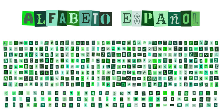 ALFABETO ESPA&Ntilde;OL, alphabet collage vert style lettre de menace pour design graphique, typographie decoupee pour affiche et affiche publicitaire