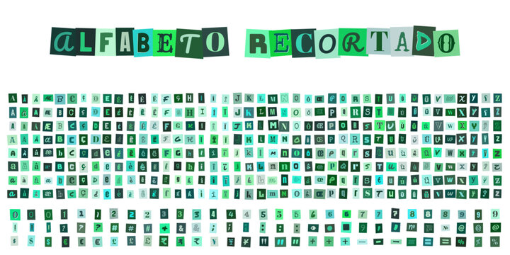ALFABETO RECORTADO, alphabet en lettres decoupees style collage vert pour design graphique, typographie creative pour affiches et projets