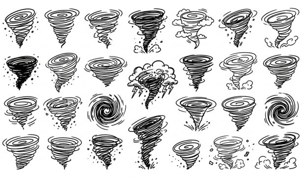 Scribble Storm Swirl and Doodle Tornado Cyclone Vector Illustration Set