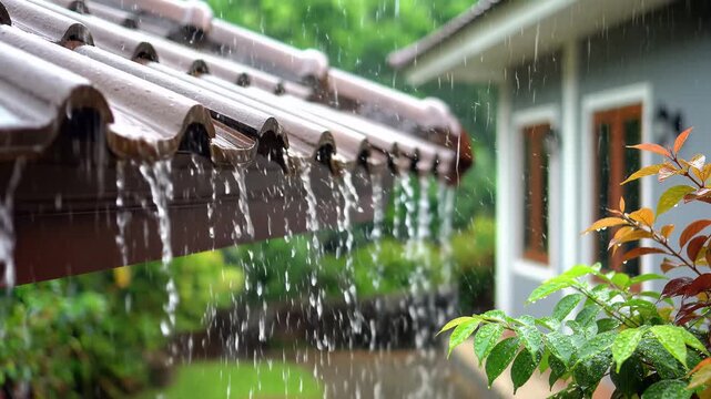 Rainwater pours off a house roof gutter into the yard on a rainy day near a garden with lush greenery.