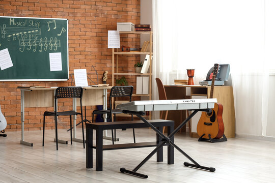 Music classroom interior with keyboard, guitar, and chalkboard for learning and education