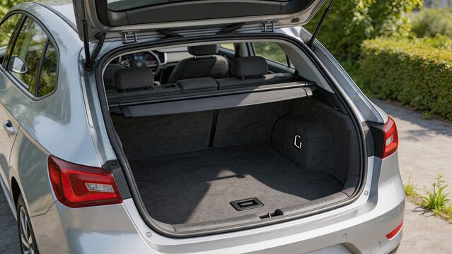 Open trunk of silver hatchback car showing empty cargo space and luggage compartment, vehicle storage capacity for travel and transport needs outdoors