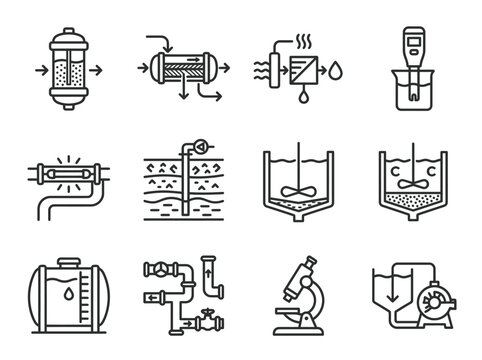 Industrial Water Treatment and Laboratory Process Line Icons
