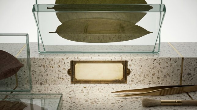 Botanical specimen leaf in glass holder on terrazzo surface with blank label and archival tools