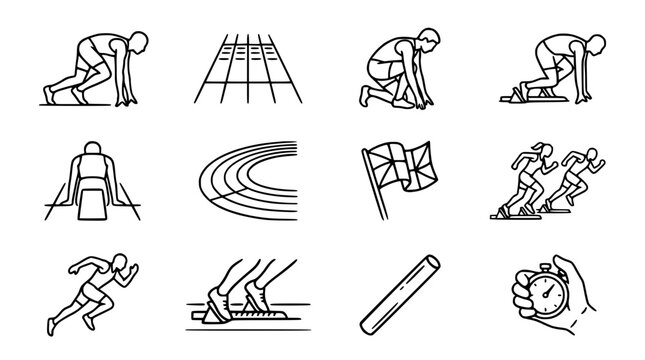 Athletics Icons: Runners, Track, Start Blocks, Baton, Stopwatch, Finish Line