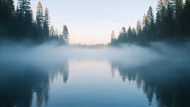 Naturemisty lake dawn pine forest reflection serene water calm fog wilderness landscape evergreen shoreline pale sky tranquil morning mirror surface
